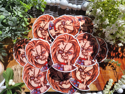 Chucky with Middle Finger Horror Drawing Laminated Vinyl Sticker